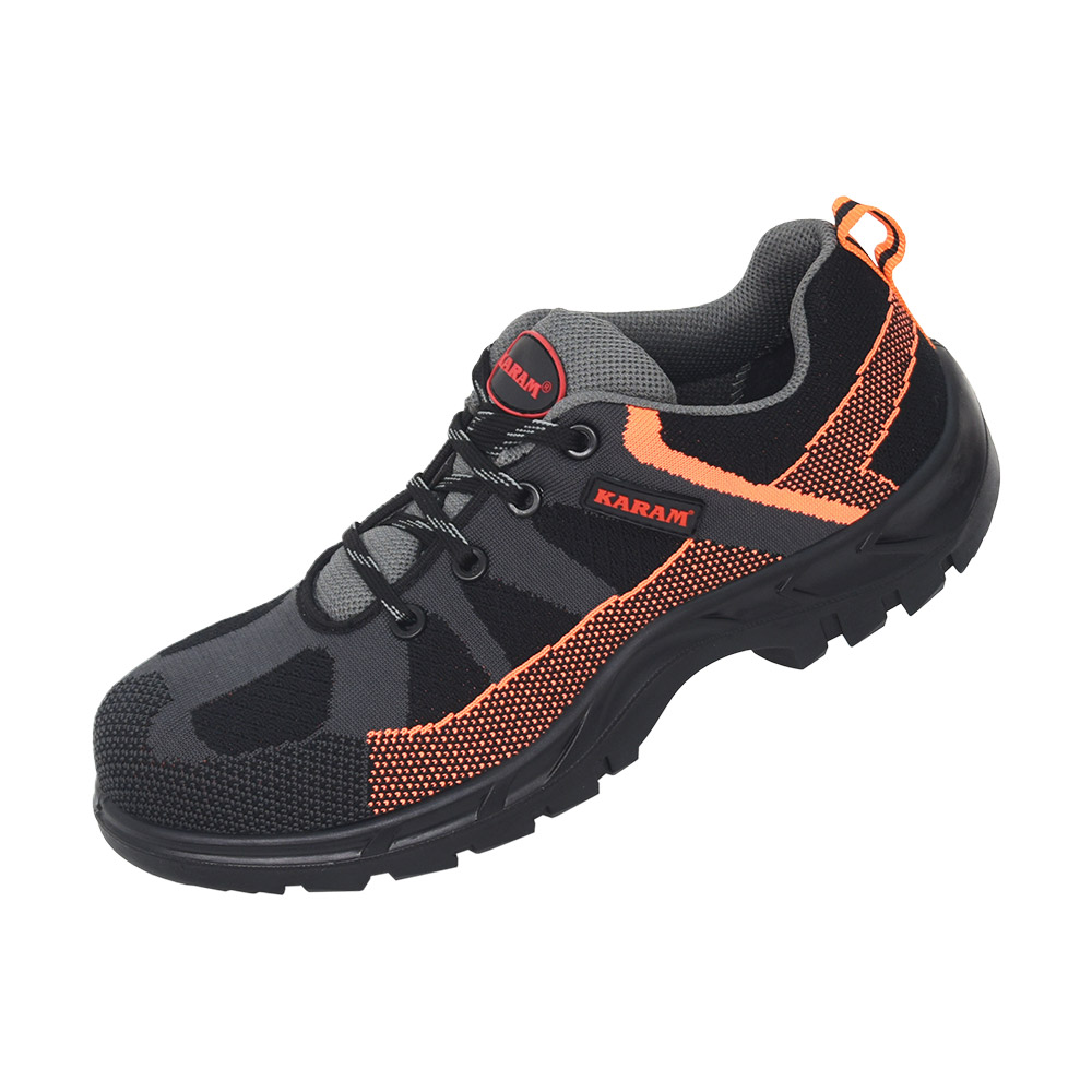 GREY-ORANGE FLYTEX UPPER SAFETY FOOTWEAR, PROTECTIVE COMPOSITE TOE CAP, DRYLEX GREY LINING, SINGLE DENSITY, BLACK PU SOLE, ANTISTATIC, ANTI SLIP, OIL & HEAT RESISTANT,PU MOLDED IN SOCKS
